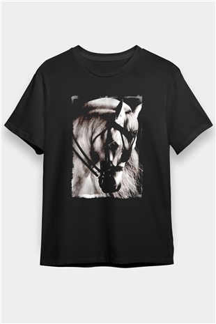 At Baskılı Unisex Siyah Tişört