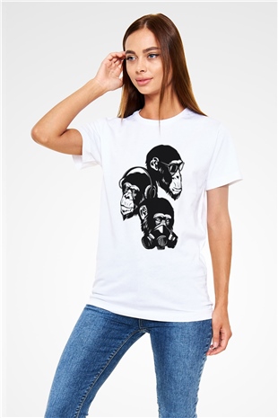 Üç Maymun Baskılı Unisex Beyaz Tişört