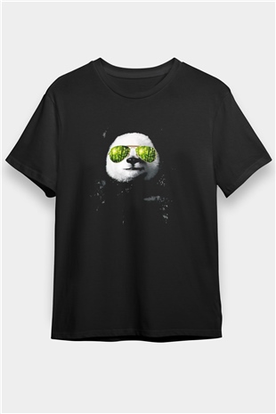 Gözlüklü Panda Baskılı Unisex Siyah Tişört