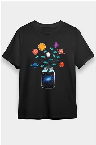 Vazodaki Gezegenler Baskılı Unisex Siyah Tişört
