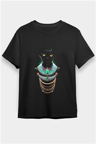 Firavun Sfenks Kedi Baskılı Unisex Siyah Tişört