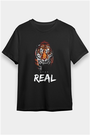 Real Stay Kaplan Baskılı Unisex Siyah Tişört