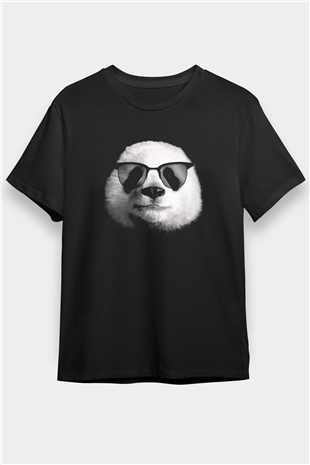 Gözlüklü Panda Baskılı Unisex Siyah Tişört