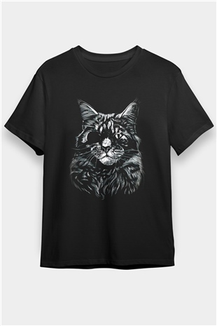 Tek Gözlü Kedi Baskılı Unisex Siyah Tişört