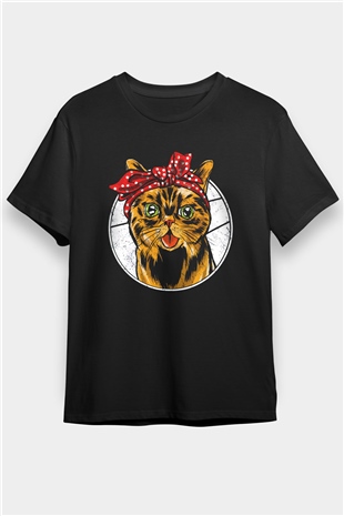 Kedicik Baskılı Unisex Siyah Tişört