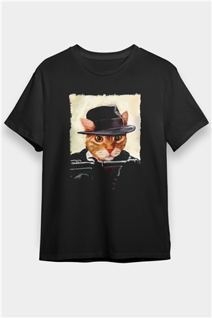 Mafya Kedi Baskılı Unisex Siyah Tişört