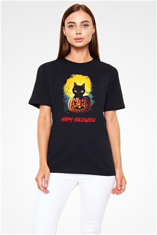Halloween Kedicik Baskılı Unisex Siyah Tişört