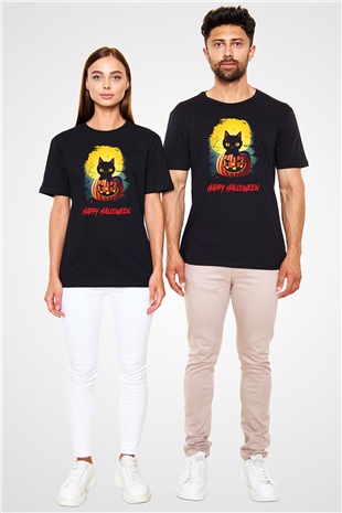 Halloween Kedicik Baskılı Unisex Siyah Tişört