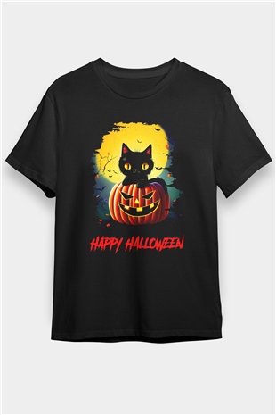 Halloween Kedicik Baskılı Unisex Siyah Tişört