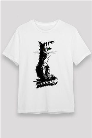 Heterokromik Gözlü Kedi Baskılı Unisex Beyaz Tişört