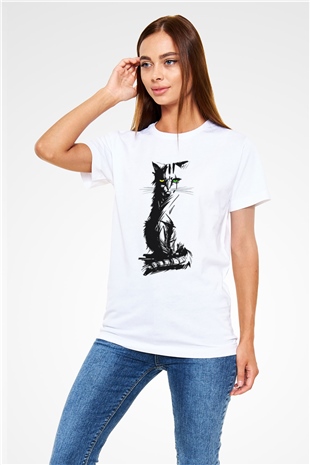 Heterokromik Gözlü Kedi Baskılı Unisex Beyaz Tişört