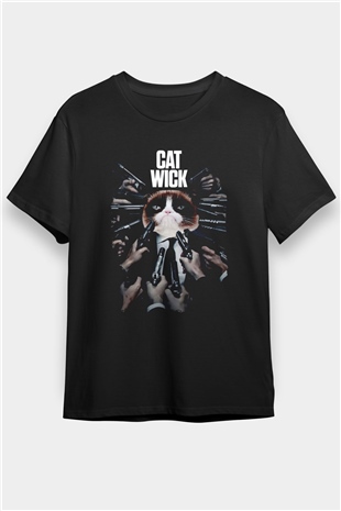Kedi Wick Baskılı Unisex Siyah Tişört