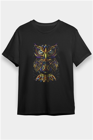 Renkli Baykuş Baskılı Unisex Siyah Tişört