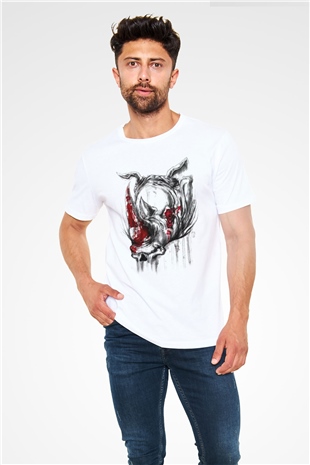 Katil Gergedan Baskılı Unisex Beyaz Tişört