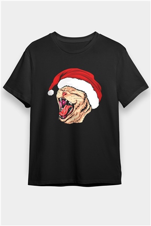 Yeni Yıl Kedi Baskılı Unisex Siyah Tişört