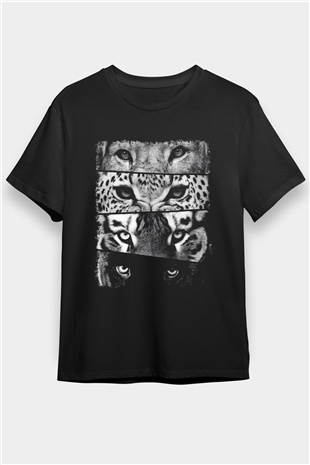 Yırtıcı Kedi Bakışları Baskılı Unisex Siyah Tişört