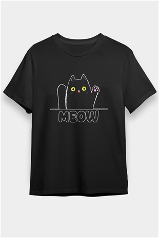 Meow Kedi Baskılı Unisex Siyah Tişört