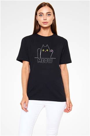 Meow Kedi Baskılı Unisex Siyah Tişört