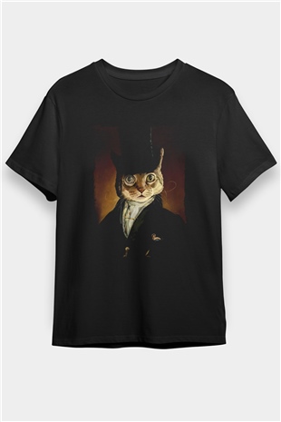 Retro Kedi Tablo Baskılı Siyah Tişört