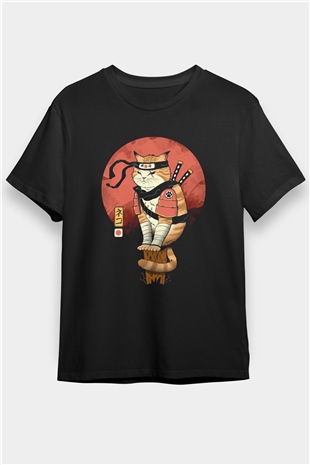 Uzakdoğu Samuray Kedi Baskılı Unisex Siyah Tişört