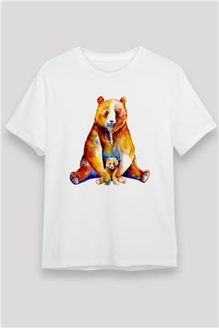 Ayı ve Yavrusu Baskılı Unisex Beyaz Tişört