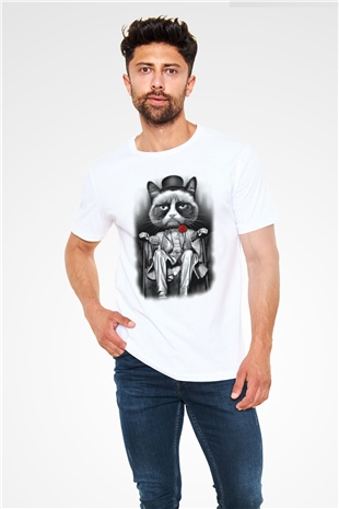 Catfather Kedi Baskılı Unisex Beyaz Tişört