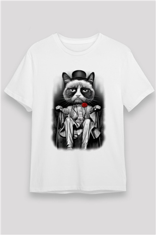 Catfather Kedi Baskılı Unisex Beyaz Tişört