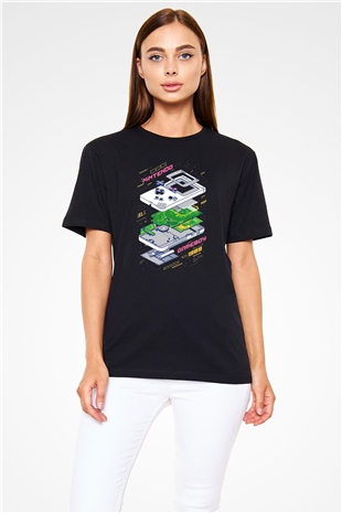 Retro Gameboy Baskılı Unisex Siyah Tişört