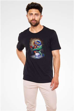 Uzakdoğu Ejderha Temalı Baskılı Unisex Siyah Tişört