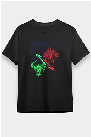Ayı ve Boğa Baskılı Unisex Siyah Tişört