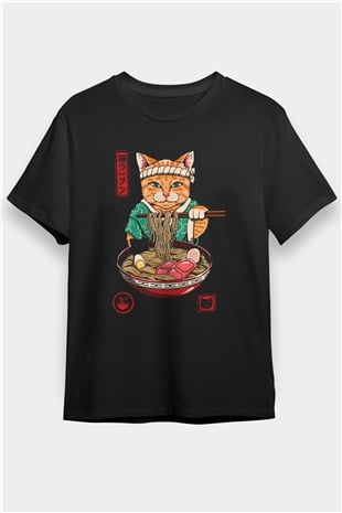 Uzakdoğulu Kedi Baskılı Unisex Siyah Tişört