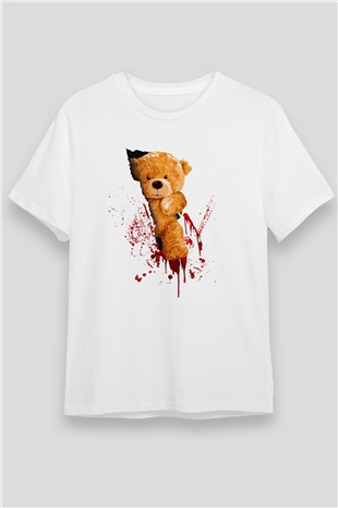 Kanlı Teddy Temalı Baskılı Unisex Beyaz Tişört