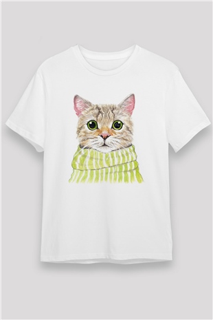 Şaşkın Kedi Baskılı Unisex Beyaz Tshirt