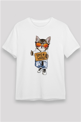 Karizmatik Kedi Baskılı Unisex Beyaz Tshirt
