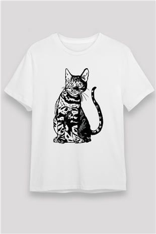 Siyah Kedi Baskılı Unisex Beyaz Tişört