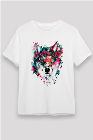 Renkli Suluboya Kurt Baskılı Unisex Beyaz Tshirt
