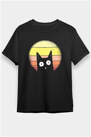 Kedi Baskılı Unisex Siyah Tshirt