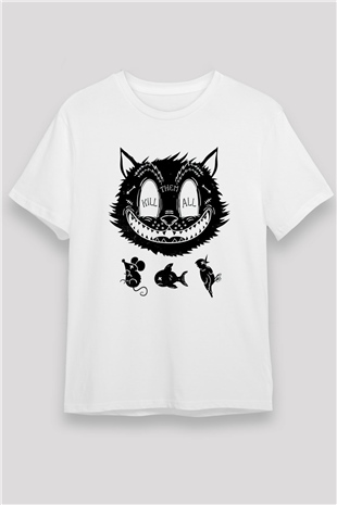 Avcı Kedi Baskılı Unisex Beyaz Tshirt