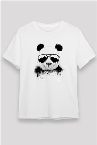 Gözlüklü Panda Baskılı Unisex Beyaz Tişört