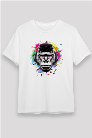 DJ Maymun Baskılı Unisex Beyaz Tshirt