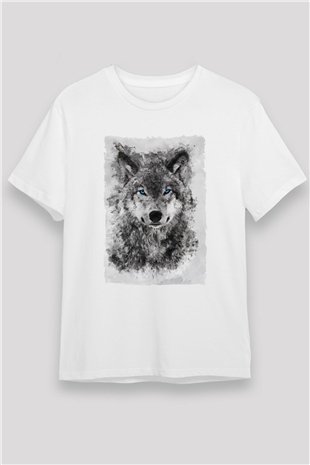 Mavi Gözlü Kurt Baskılı Unisex Beyaz Tshirt