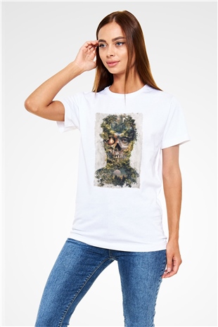 Doğa ve Kurukafa Baskılı Unisex Beyaz Tişört