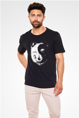 Uzakdoğulu Kurt Baskılı Unisex Siyah Tişört