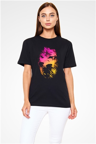 Renkli Kurt Baskılı Unisex Siyah Tişört