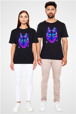 Renkli Kurt Baskılı Unisex Siyah Tişört