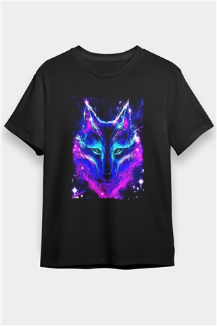 Renkli Kurt Baskılı Unisex Siyah Tişört