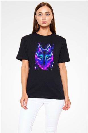 Renkli Kurt Baskılı Unisex Siyah Tişört