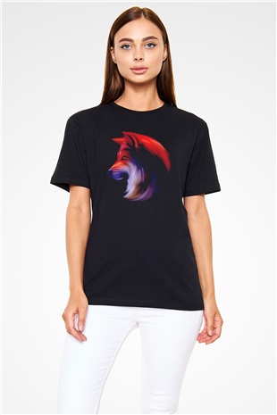 Renkli Kurt Baskılı Unisex Siyah Tişört