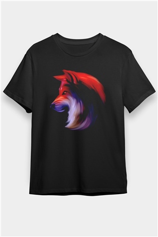 Renkli Kurt Baskılı Unisex Siyah Tişört