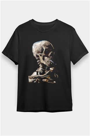 Sigara İçen İskelet Baskılı Unisex Siyah Tişört